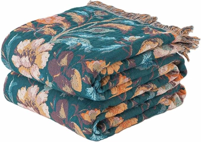 Phuryllic Boho Throw Blanket Twin Size, Soft Cozy Cotton Muslin Quilt Blanket for Bed Decor, Floral Patterned Couch Sofa Chair Cover, Vintage Farmhouse Cottage Tapestry Woven Blanket, Teal&Taupe