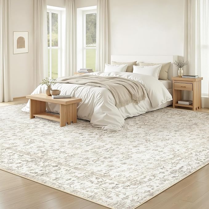 Living Room Rugs 8x10: Washable Moroccan Geometric Boho Rug Farmhouse Non Slip Stain Resistant Large Rug Low Pile Soft Carpet for Bedroom Dining Room Children Room (Beige Floral,8'x10')
