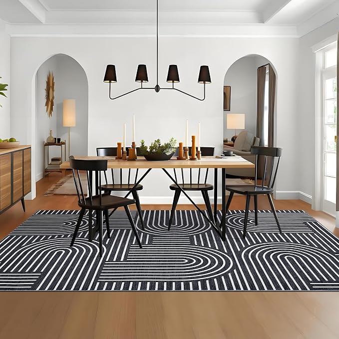 ROYHOME Modern Washable Rug 9x12 Area Rugs for Living Room Non Slip, Black | Abstract Rug for Bedroom, Rainbow Throw Rugs with Rubber Back, Low Pile Stain Resistant Boho Geometric Carpet for Dining Room