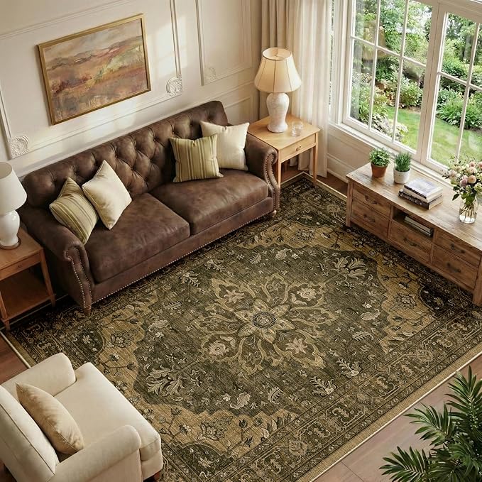 RELEANY Washable Area Rug, 5'x7', Brown/Dark Brown | Non-Slip, Water Repellent, Pet Friendly, Easy to Clean, Vintage Floral Boho Decor for Living Room Bedroom Dining Room Office