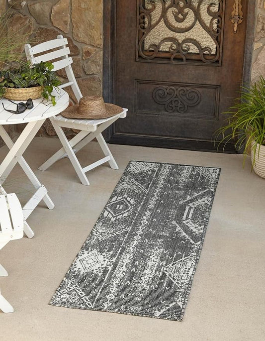 Unique Loom Outdoor Bohemian Collection Area Rug - Anthro (3' 3" x 14' 1" Runner, Charcoal Gray/ Ivory)