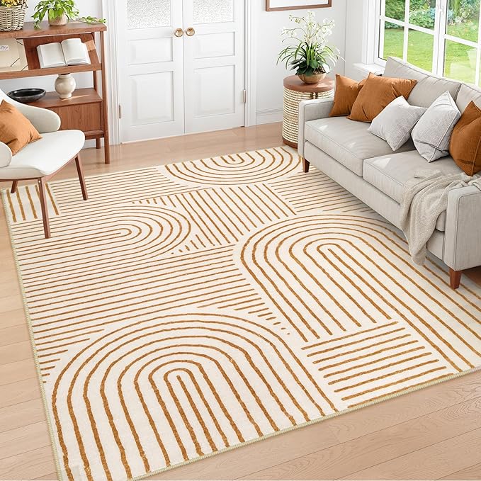 Lahome Abstract Washable Rugs 5x7, Playroom Rug for Living Room Kids Room | Soft Ultra-Thin Non Slip Rainbow Bedroom Rug Accent Carpet for Dining Room Office Darrell (5'x7',Orange)