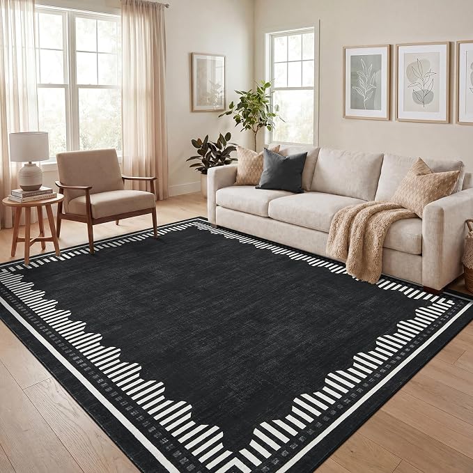 Garvee Large Bedroom 5x7 Washable Area Rugs Non Slip Black Scalloped Rugs | Neutral Solid Color Low Pile Stain Resistant Living Room Dining Room Throw Carpet Modern Geometric Nursery Office Carpet