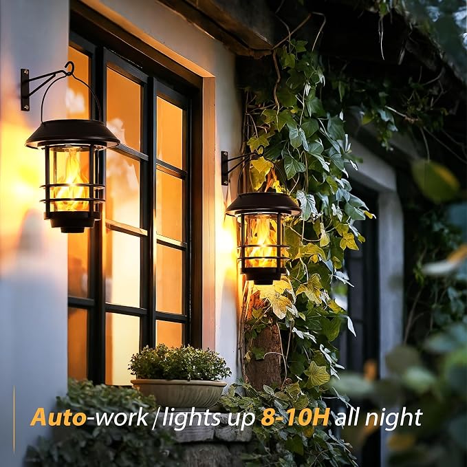 Otdair Solar Lanterns Outdoor Waterproof, 4 Pack Flickering Flames Wall Garden Decor , Hanging Solar Lights Wall Mount Decorations for Halloween, Front Porch, Patio, Yard.