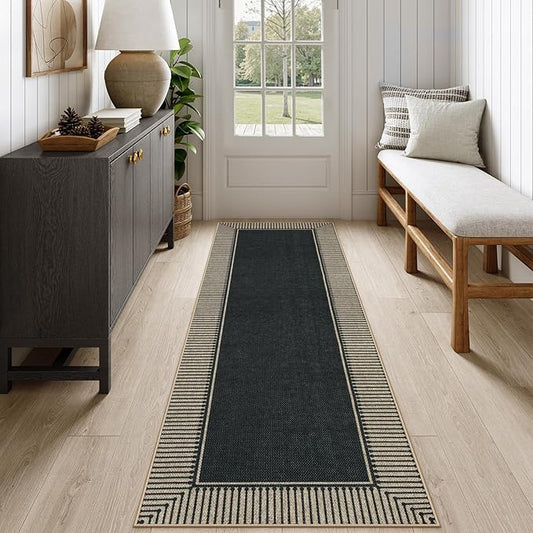 Moynesa Washable Black Striped Border Easy Jute Runner Rugs 2x6, Entryway Rug Runners for Kitchen, Farmhouse Indoor Outdoor Non Slip Carpet for Hallways Bathroom Bedroom Laundry