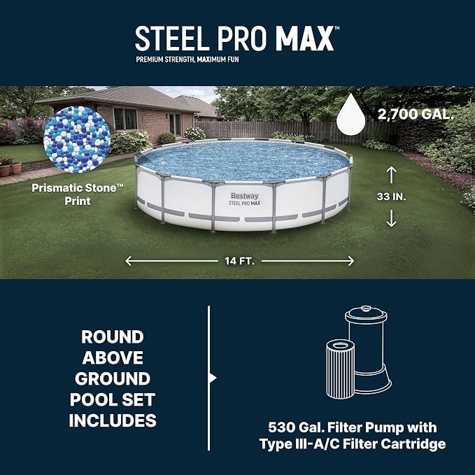 Bestway Steel Pro MAX 14' x 33" Round Above Ground Pool Set with Pump | Metal Frame Pool, Corrosion-Resistant Steel, Puncture-Resistant Liner, Filter Pump, No-Tool Setup, Quick-Click Connectors