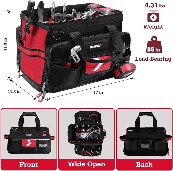 ARROW 17" Large Tool Bag with 36 Multipurpose Pockets, Tool Bags for Men Heavy Duty with Waterproof Hard Base, Reflective Band, Wide Open Mouth Toolbag for Electrician Mechanic Plumber HVAC