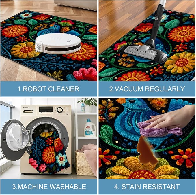Blue Bird Folk Art Floral 2x3 Entry Rug,Washable Small Rugs for Entryway Kitchen Bathroom Door Mat Indoor Entrance,Non Slip Rubber Backing, Stain & Fade Resistant,Vibrant Mexican Embroidery Decor