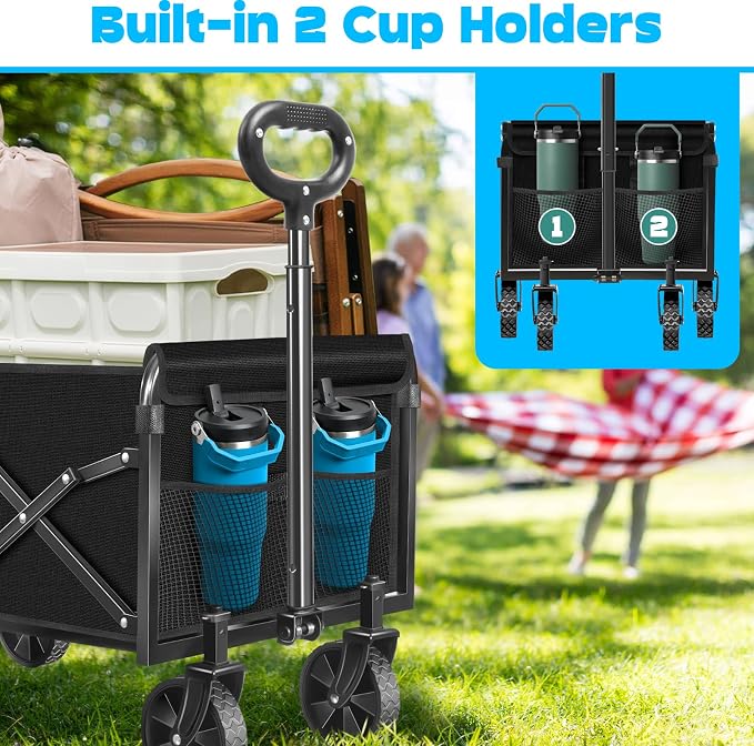 Wagons Carts Foldable,280lbs Collapsible Wagon Foldable Wagon with Wheels, Portable Folding Cart for Camping, Picnic,Beach, Groceries,Outdoor Sports,Shopping (Black)