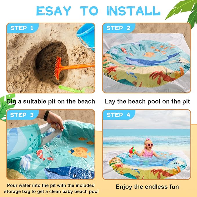 6.5 X 6.5Ft Baby Beach Pool, 2 in 1 Square Portable Toddler Beach Puddle | Cartoon Ocean Theme, Waterproof & Sandproof, Cute Toddler Paddling Pool Beach Blanket with Carrying Bag for Boys Girls, Green