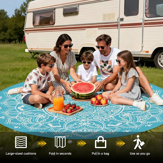 Pauwer Waterproof Outdoor Rug 8ft, Reversible Plastic Straw Patio Camping Rug, Indoor Outdoor RV Mat Carpet for Deck, Camper, Porch, Balcony, Backyard, Picnic, Floral Teal