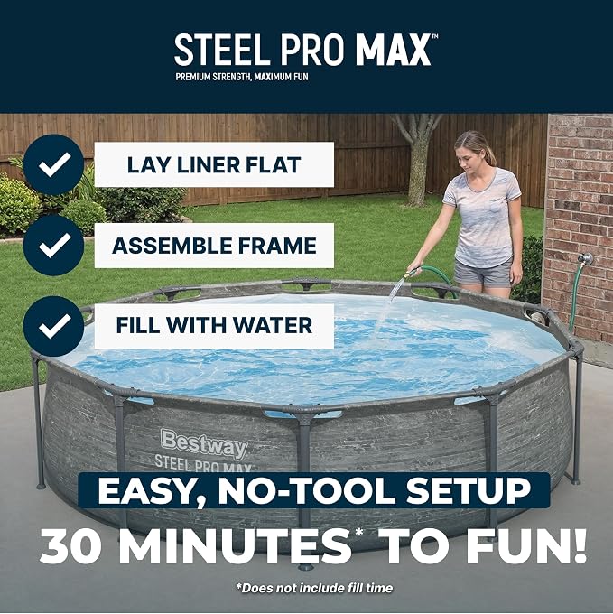 Bestway Steel Pro MAX 10' x 30" Above Ground Swimming Pool Set with Pump | Durable Round Metal Frame Outdoor Backyard Pool, Puncture-Resistant Liner - Filter Pump Included, Stacked Stone Print