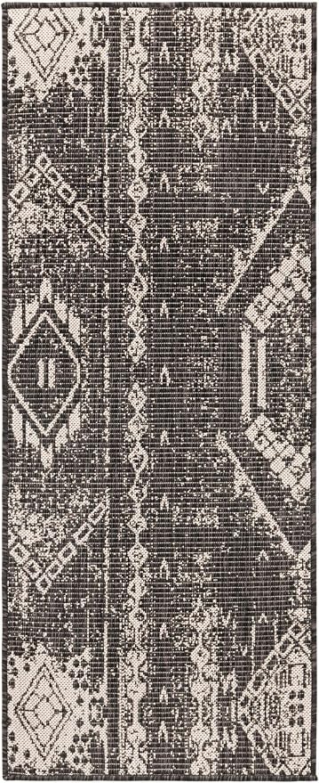 Unique Loom Outdoor Bohemian Collection Area Rug - Anthro (2' x 5' 1" Runner, Charcoal Gray/ Ivory)