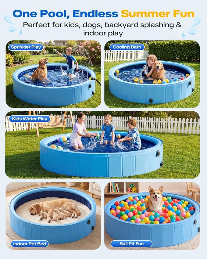 Raxurt 63" Kiddie Pool with Sprinkler, Foldable Dog Pool for Large Dogs, Non-Slip Splash Pool for Kids, Portable Pet Bathing Tub for Backyard Summer Water Play