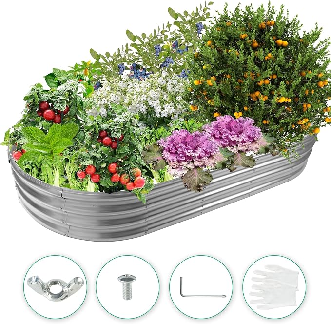 YSEJOMP 6X3X1 FT Oval Galvanized Metal Garden Raised Bed/Plant Box for Planting,36 Inches Diameter Iron Fire Pit Ring,Small Animal Fence-3 in 1 Modular Design in Black (Silver, 72X36X11.5 Inches)