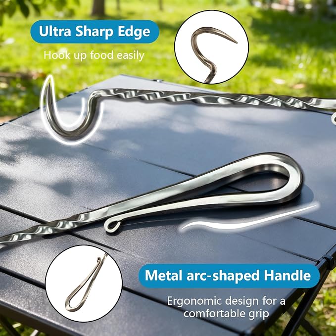 Meat Flipper, Grill Hooks for Turning, Heavy Duty Stainless Steel BBQ Turner Hooks with Long Handle for Flipping Ribs, Pork Shoulder, Roast on Smoker Grilling (Right Hand - B)