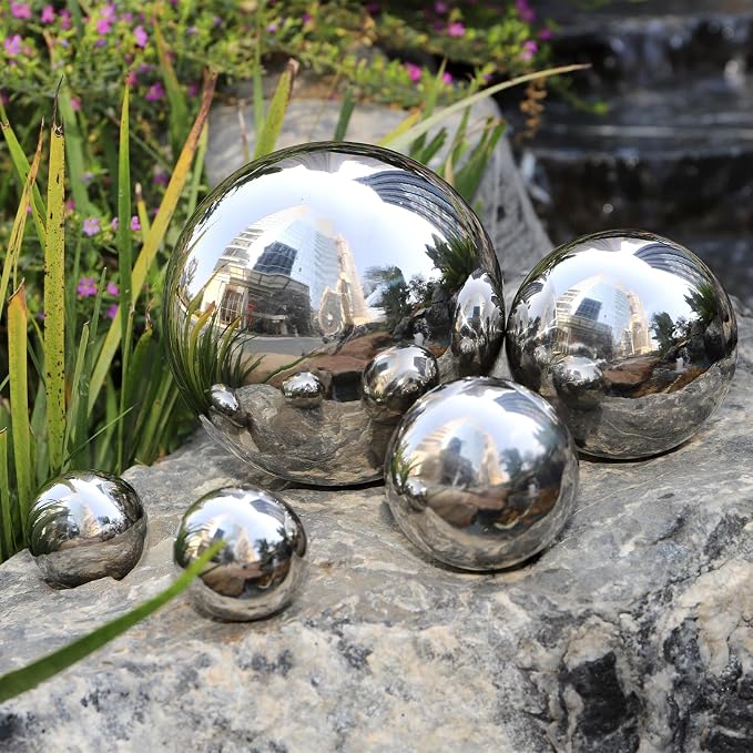 10 Pack Stainless Steel Gazing Balls, 50-150 mm Garden Mirror Globe Floating Pond Sphere, Silver Polished Hollow Ball Reflective Ornament for Home Yard Outdoor Lawn Decoration