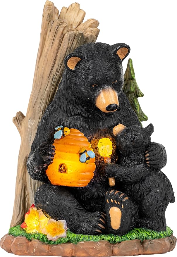 C&Y&G&X Solar Bear Garden Statue Lights, Black Bear & Cub Outdoor Resin Yard Decor for Patio Porch Lawn, Solar Garden Figurine with Light-Up Beehive, Housewarming Gifts for Garden Lovers