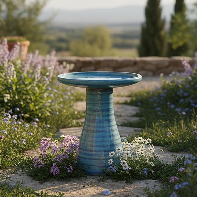 Sunnydaze 21" H Ceramic Bird Bath for Outside - Hand-Painted Outdoor Bird Bath Bowl, UV/Frost-Resistant Finish - Cloud Swirl