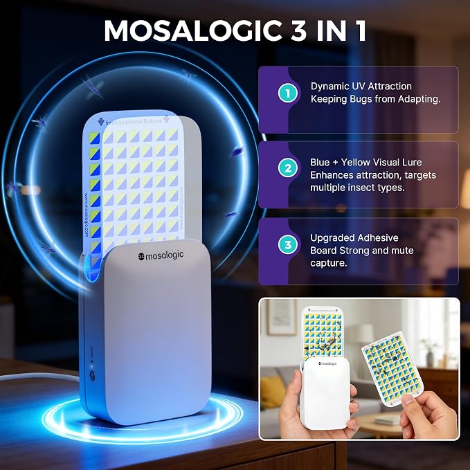 Mosalogic Max Flying Insect Trap Fruit Fly Traps for Indoors,Indoor Gnat Catcher for House Use, Bug Catcher & Flies Trapper-Smart Owl Mode, Dynamic UV Attraction,Compact Size(1 Device+10 Refills)