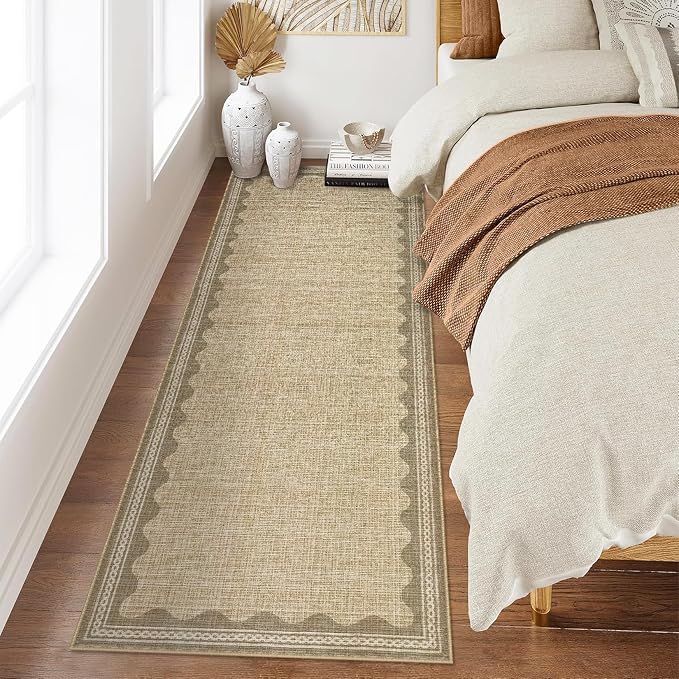 2x6 Scalloped Runners Jute Washable Hallways Bedroom Rug | Solid Non Slip Scalloped Bath Runner, Rugs for Bedroom Girls, Rugs for Kitchen Floor Soft Dorm Nursery Carpet for Bedside
