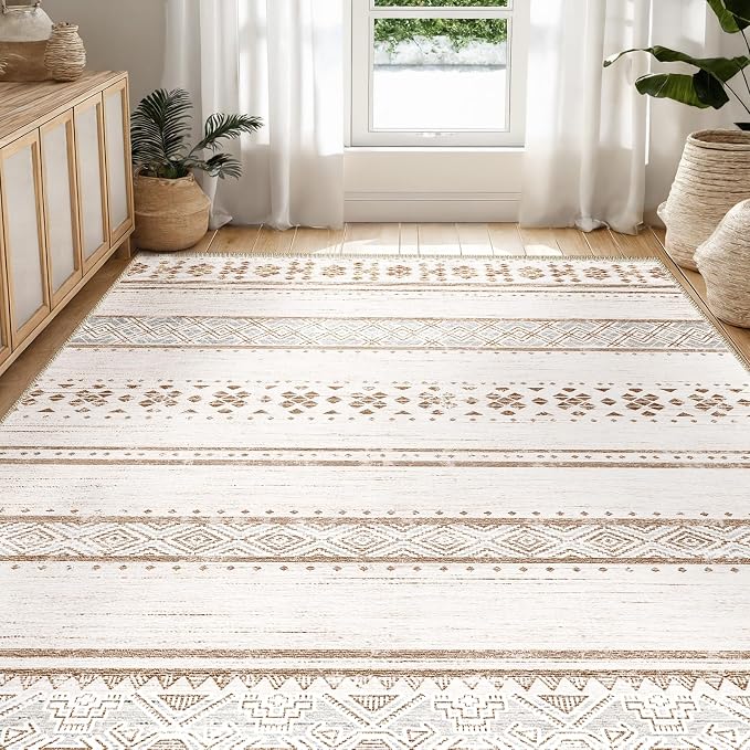 6x9 Washable Area Rugs for Living Room Boho Bedroom Rug Cream/Brown/Pink | Vacuum Friendly, Machine Washable, Non-Slip Rug, Stain Resistant, Moroccan Geometric, Low Pile Carpet, Dining Room Kitchen