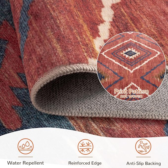 2'x6' Washable Area Rug for Living Room Runner Red/Orange | Soft Western No Slip Low Pile Print Foldable Indoor Small Rug for Kitchen entrance entryway hallway