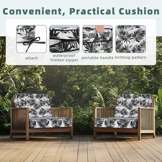 Favoyard Deep Seat Patio Cushion 22 x 22 x 3 in Waterproof Seat & Back Cushion Set with Color Fade Resisitant Pattern, Portable Handle, Attach Straps, Zipper on Removable Cover for Outdoor Furniture
