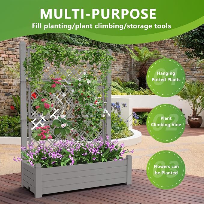 Vixzen 59" Tall Raised Garden Bed,Outdoor Large Resin Planter Box with Trellis and Drain Plug for Climbing Plants,Easy to Assemble,Water Monitor Grey, 43.43"×18.27"×59.29"