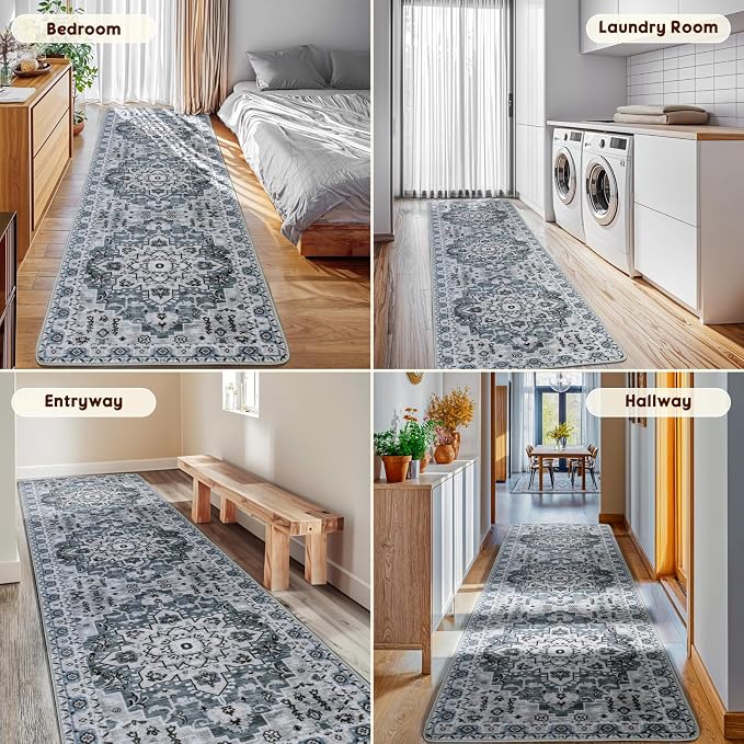 LBRO2M Machine Washable Rug Soft Pet Friendly Carpet 2X10 Dusty Blue | Persian Runner Rug 2X10 for HallWay, Bedroom, Kitchen, Laundry Room, Non Slip Carpet, Foldable Stain Resistant Rugs