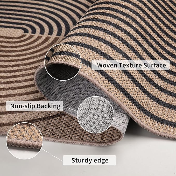 Tangsoo Rainbow Easy Jute 6x9 Outdoor Rug for Patio,Black Large Washa Area Rugs Modern Non Slip Indoor Thin Carpet,Farmhouse Office Mat for Backyard Dining Room Living Room Bedromm