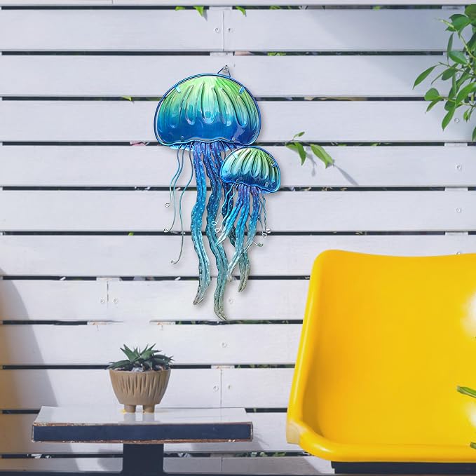 JOYBee Ocean Jellyfish Wall Art Decor-Sea Life Nautical Home Hanging Decor-Glass&Metal Jellyfish Decoration for Pool,Beach,Patio,Living Room,Bathroom,Boat, Coastal Decorations(17inch)