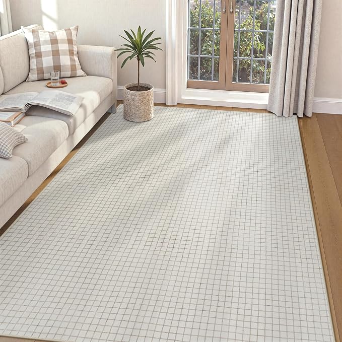 STARUIA Washable Rugs for Living Room, 5x7 Plaid Beige Area Rugs Non Slip Modern Neutral Geometric Bedroom Rug, Low Pile Soft Checkered Grid Carpet for Dining Room Nursery Home Office (Beige,5'x7')