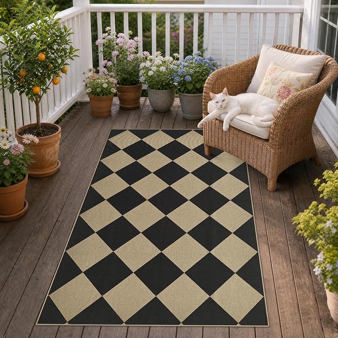 UERMEI 3x5 Outdoor Jute Area Rug Patio Farmhouse Black Brown | Indoor Outdoor Washable Non Slip Pet Friendly Carpet for Door Mat Area Rug for Patio Bedroom Living Room Kitchen Porch