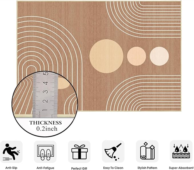 Boho 2x3 Rug for Entryway Modern Geometric Abstract Area Rug Brown Mid Century Modern Machine Washable Door Mat Contemporary Non-Slip Printed Low-Pile Floor Carpet Kitchen Bathroom Laundry Brown