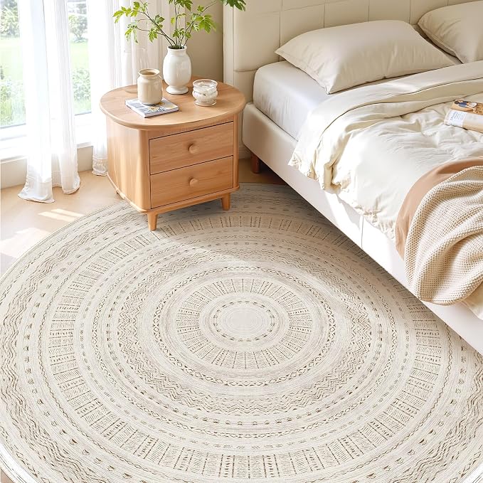 cotiled 8x8 Round Rug 8ft Circle Living Room Boho Area Rugs | Solve Modern Neutral Trendy Home Decor - Washable Foldable Indoor Carpet for Bedroom Home Office Brown Cream