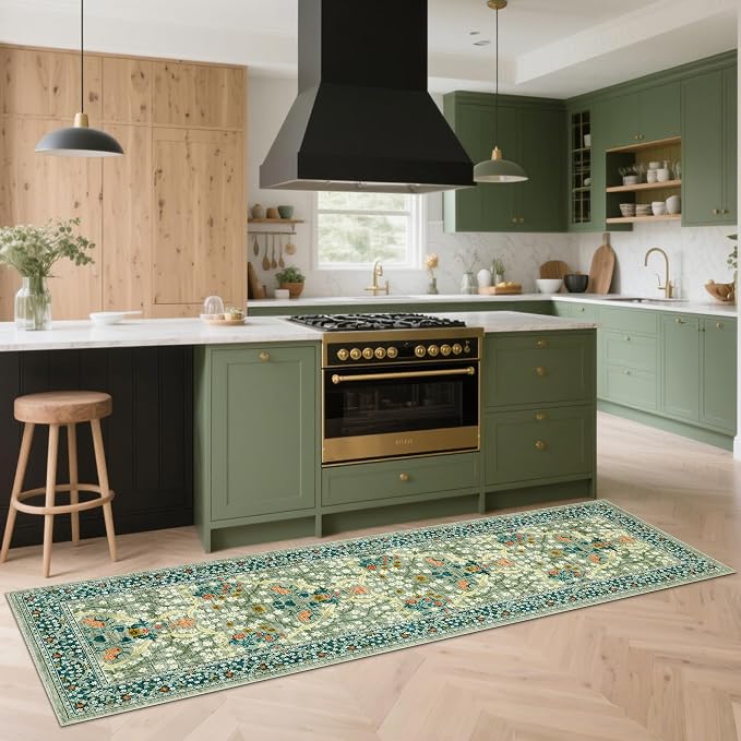GarveeHome Floral Hallway Runner Rug, 2.5x8 Kitchen Runner Rugs, Washable Non Slip Entryway Rugs Indoor, Ultra-Thin Stain Resistant Carpet Floor Mat for Laundry Room, Sage Green