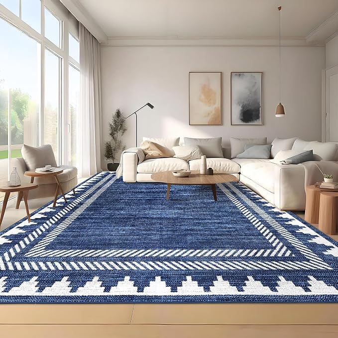 GarveeHome Area Rug 9x12 Modern Geometric Rug with Non Slip TPR Backing, Unique Bordered Neutral Washable Carpet, Soft Low Pile Floor Covering Non Shedding Neutral Mat for Open Spaces Office, Blue