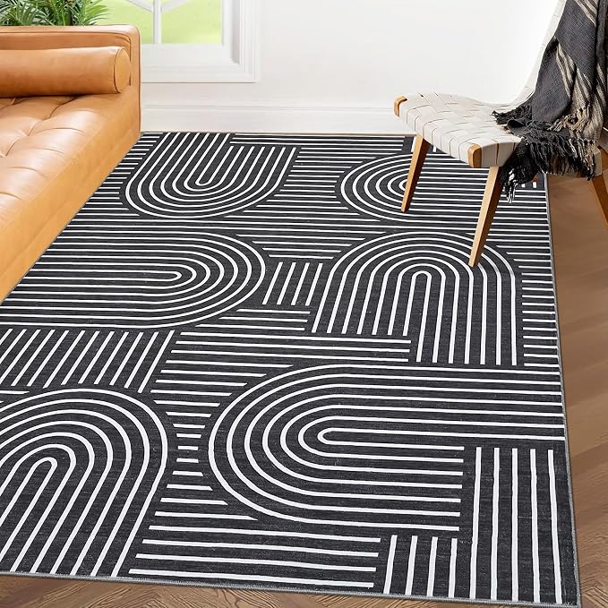 ROYHOME Modern Washable Rug 3x5 Area Rugs for Living Room Non Slip, Black | Abstract Rug for Bedroom, Rainbow Throw Rugs with Rubber Back, Low Pile Stain Resistant Geometric Carpet for Playroom Dorm