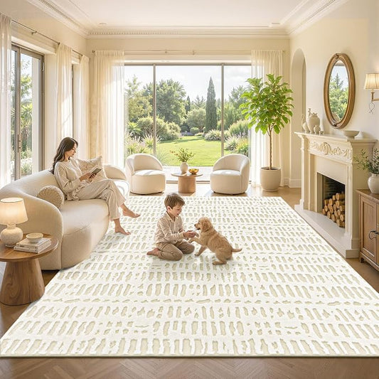 Yamaziot Washable 8x10 Area Rugs for Living Room Non Slip Ivory Beige | Modern High-Low Textured Geometric Pattern, Soft Fluffy, Neutral, Minimalist Floor Carpet for Bedroom Dining Room Kids Room
