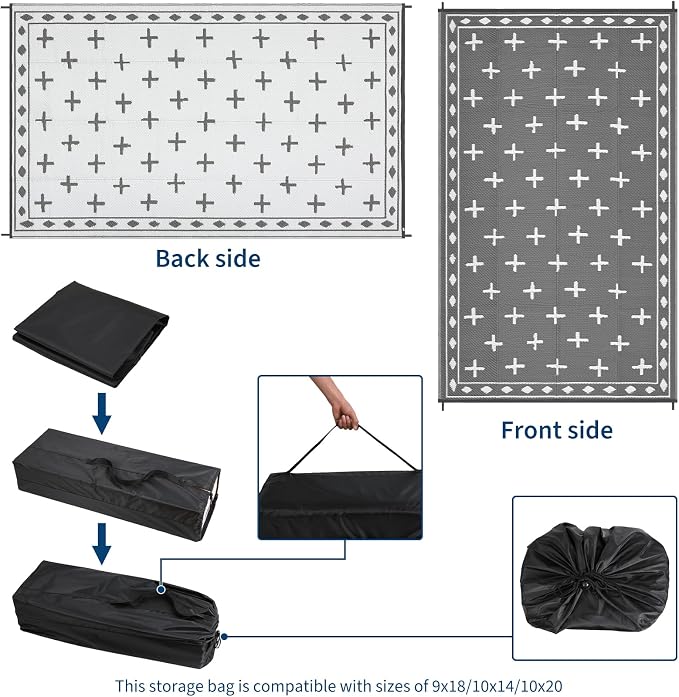 Outdoor Rug Waterproof 10x14 Outdoor Carpet Patio Rug Mat Modern Reversible RV Camping Rug Plastic Straw Outside Rug for Balcony Porch Deck Picnic Beach，Grey/White
