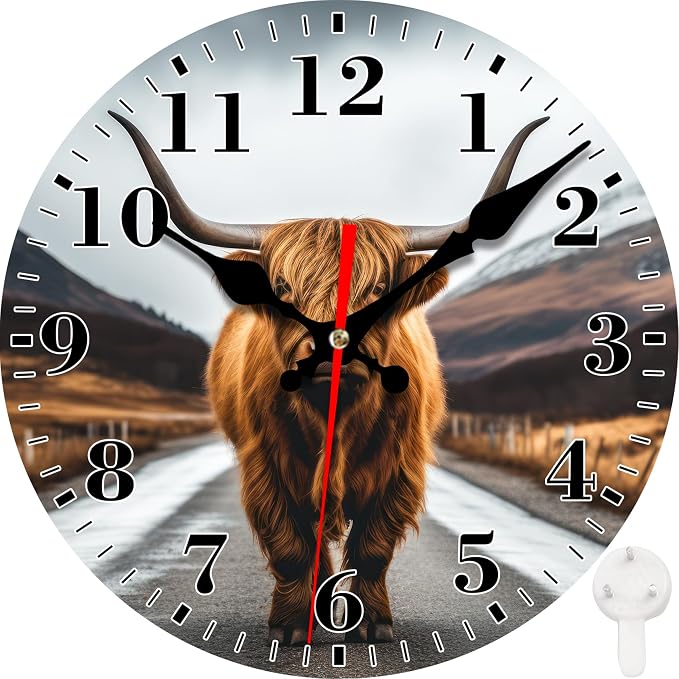 Wall Clock, Scotland Highland Cow Silent Non Ticking Battery Operated Round Decorative Indoor Outdoor Clocks for Living Room Kitchen Bedroom Bathroom Patio 12"