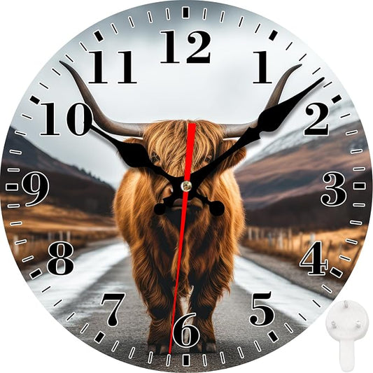 Wall Clock, Scotland Highland Cow Silent Non Ticking Battery Operated Round Decorative Indoor Outdoor Clocks for Living Room Kitchen Bedroom Bathroom Patio 12"