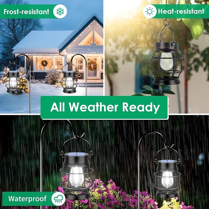 TomCare Solar Lanterns Lights Outdoor Waterproof Metal Hanging Solar Lights Lantern for Outdside Decorative Patio Porch Garden Lawn, 2 Pack (Cool White)