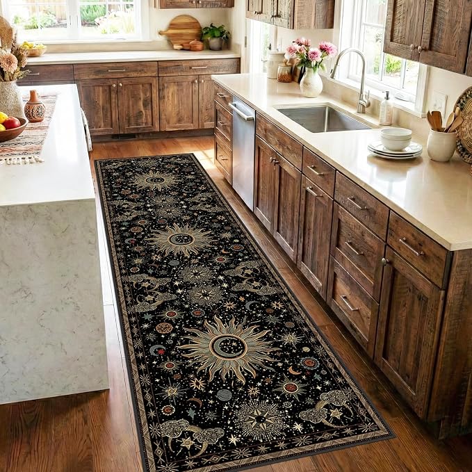 Vacuum-Friendly, 2x8 Washable Area Rug, Black Green Beige | Sun and Moon Boho Gothic Non-Slip Low Pile Living Roon Bedroom Dining Room Kitchen Entry Entryway Entrance Hallway Doormat
