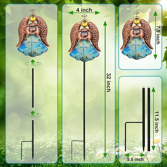 Solar Angel Garden Stake Light 32in, Iron Outdoor Decor with LED Cross Glass, Waterproof Memorial Yard Art, Easy Assembly Pathway Lighting for Patio Lawn