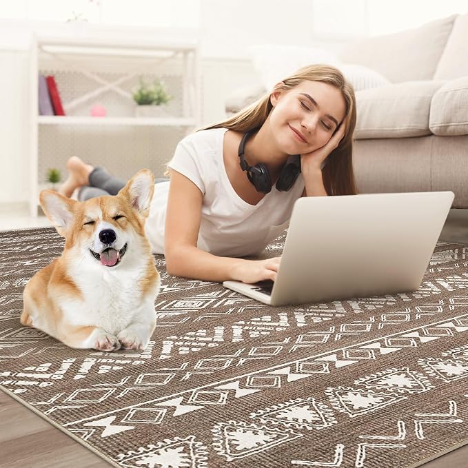 kakania Washable 6x9 Area Rug for Living Room: Boho Geometry Home Decor | Soft Stain Resistant, Low-Pile, Non-Slip, Pet & Kid Friendly, Thin Rug for Bedroom/Dining Room/Kids Dorm - Dark Brown