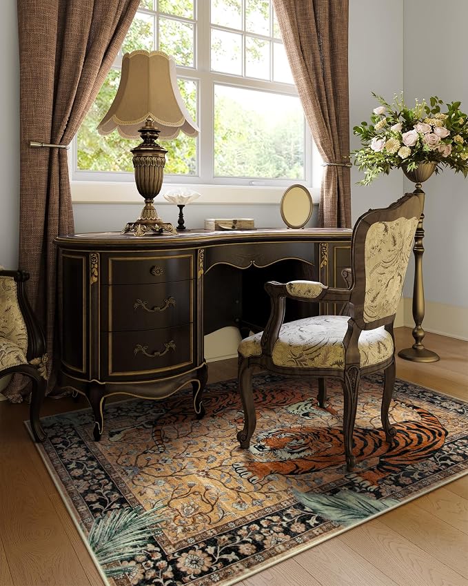 Moynesa Tiger Washable Rugs, 3x5 Entry Area Rugs, Non Slip Vintage Soft Living Room Carpet, Boho Low Pile Stain Resistant Indoor Throw Mat for Kitchen Bedroom Entrance, Camel