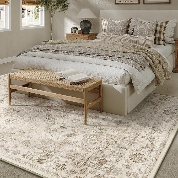 12x15 Beige Neutral Area Rug | Washable, Non Slip, Soft Low Pile, Vintage Farmhouse, Extra Large, for Living Room Bedroom Dining Room Office Home Decor