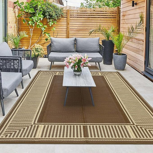 Waterproof Plastic Straw Outdoor Rug 9x18 Patio Reversible UV Resistant Foldable Camping Carpet Modern Striped Large Outdoor Rugs for Deck, Picnic, Porch, Camper, Balcony, Beach，Brown/Coffee